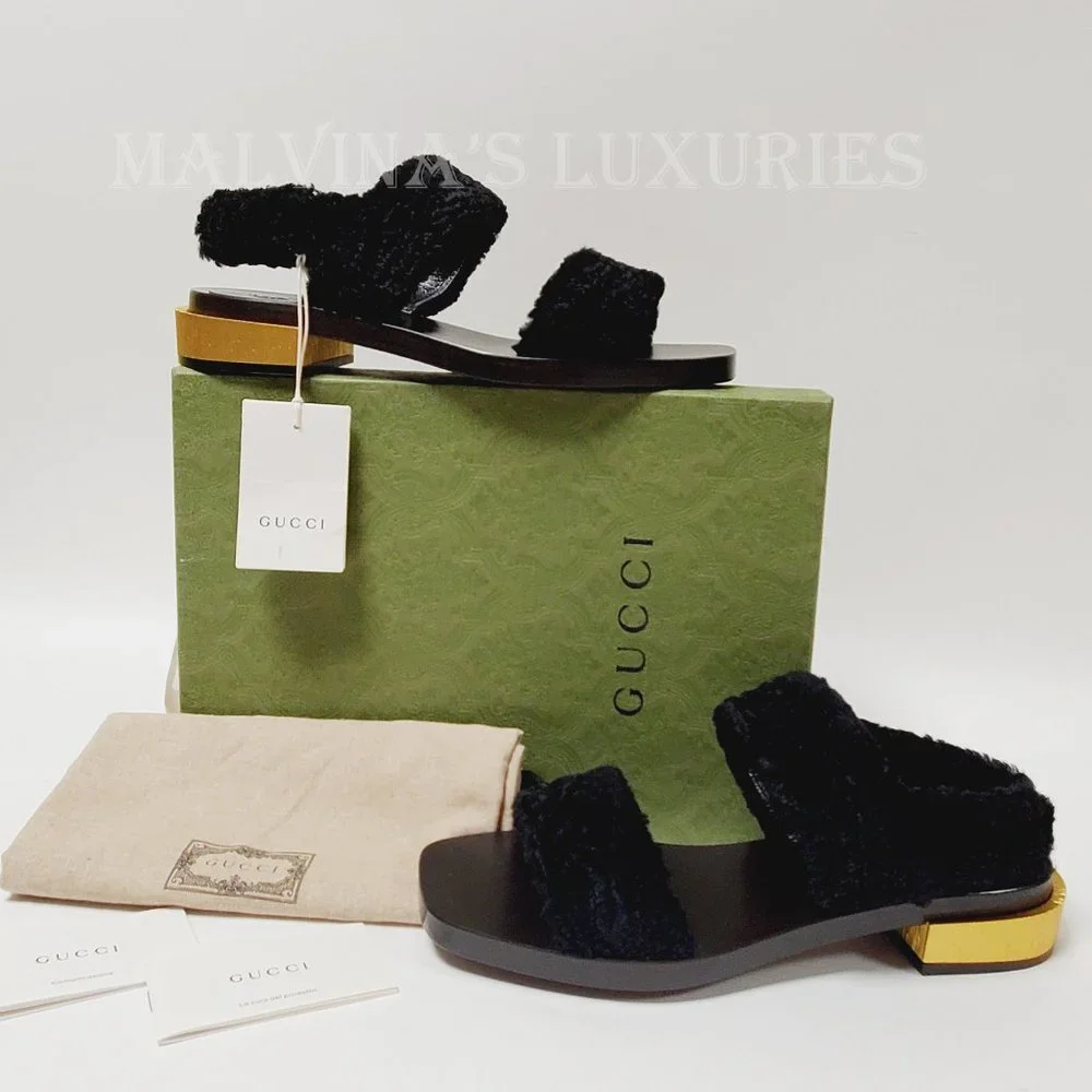 GUCCI SHOES RE-EDITION FAUX FUR BLACK VELVET SANDALS sz US 11